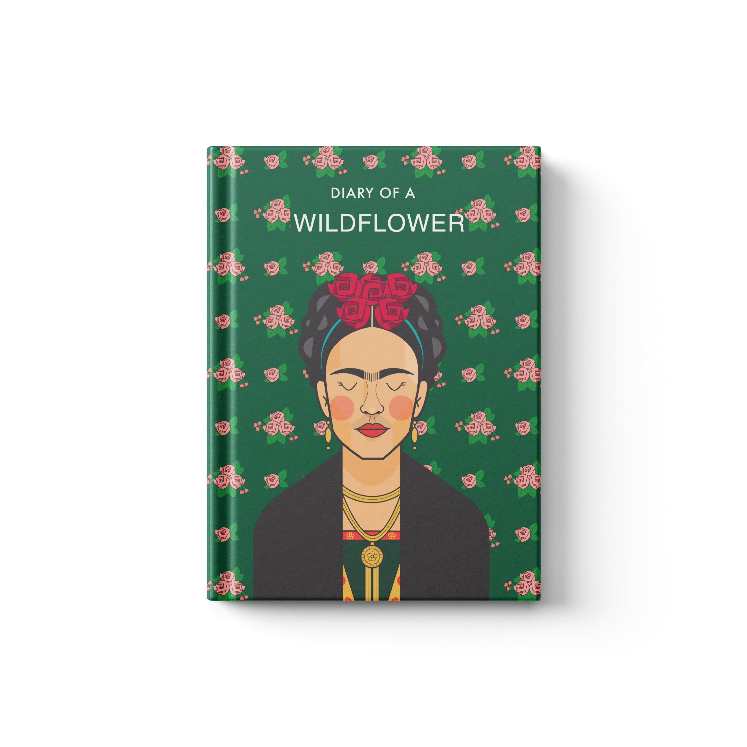Frida Kahlo inspired notebook cover with floral self-portrait artistic design.