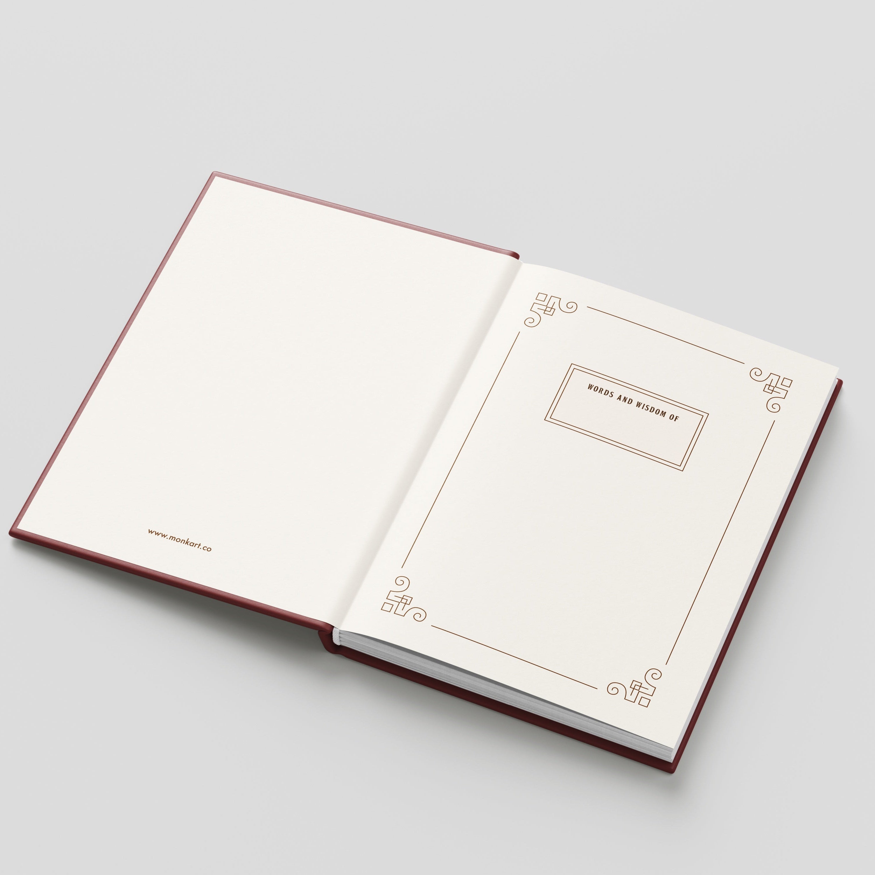 Open book with decorative pages on a light gray background