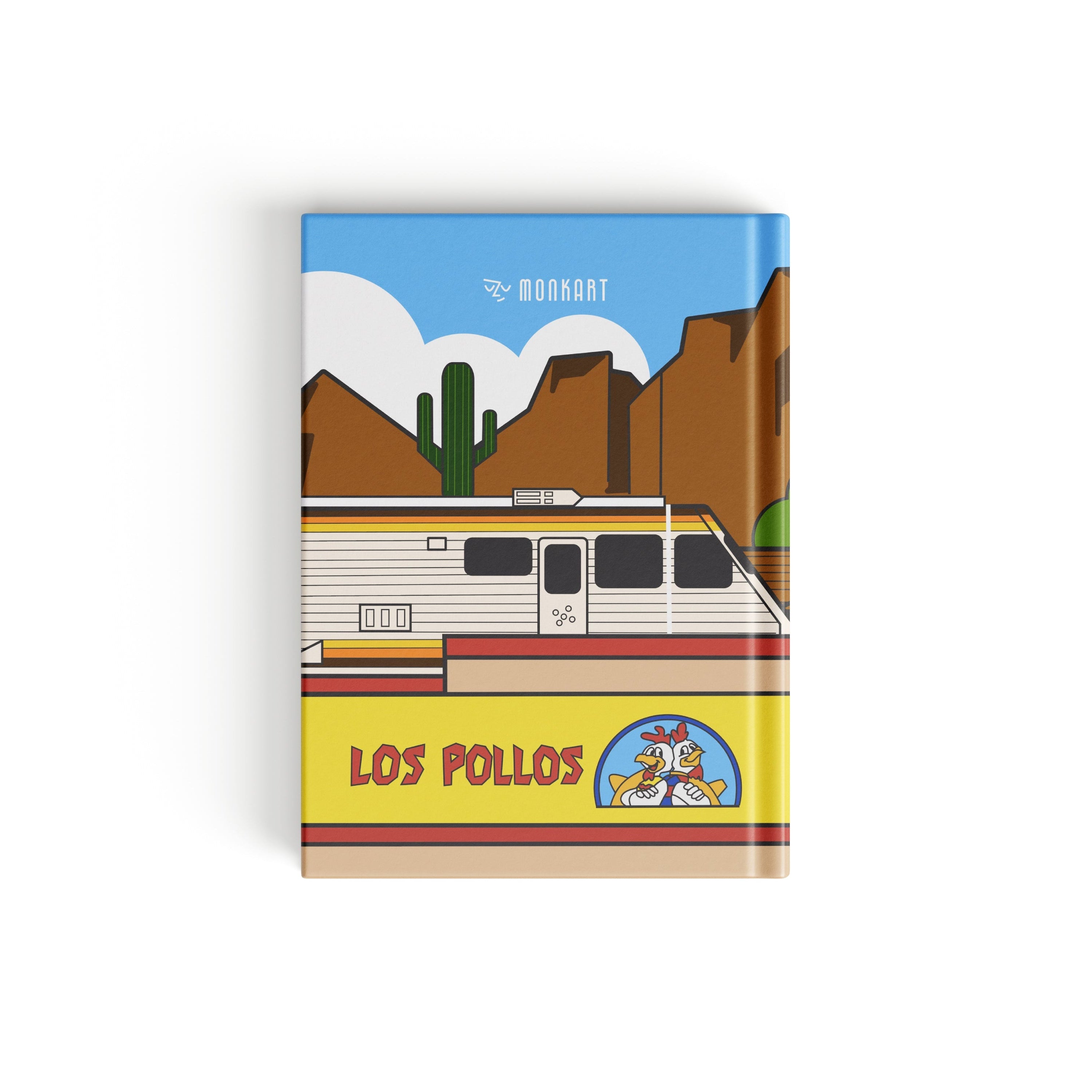 A hardcover notebook featuring a Monkart stylized graphic illustration of a desert Caravan on a cliffside track, with the text 'LOS POLOS' on a yellow band at the top and 'Monkart' at the bottom, shown on a clean white background.
