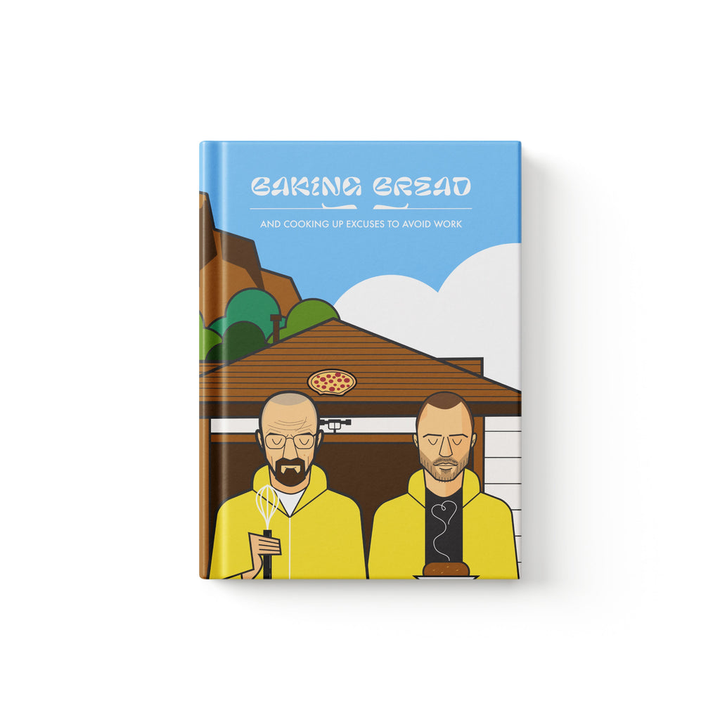 A hardcover book titled 'BREAKING BREAD' with a Monkart style colorful cartoon-style illustration on the cover, featuring two men in yellow hazmat suits in front of a garage with a pizza on the roof, set against a plain white background inspired by Breaking Bad TV Show.