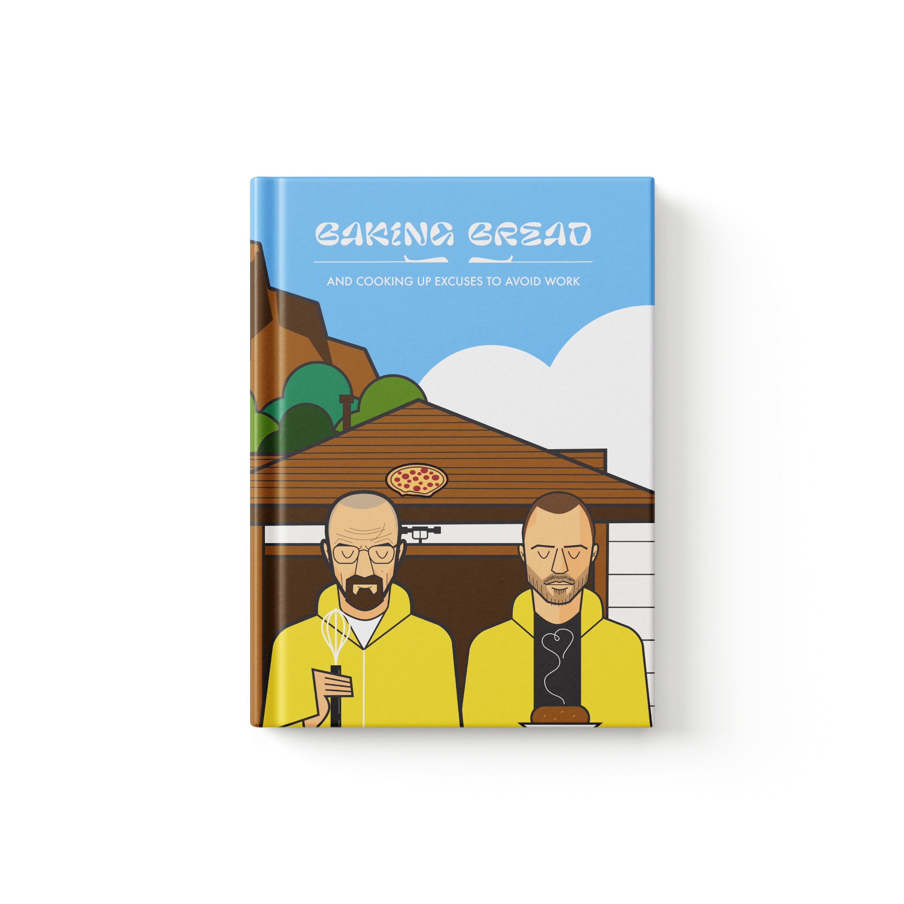 A hardcover book titled 'BREAKING BREAD' with a Monkart style colorful cartoon-style illustration on the cover, featuring two men in yellow hazmat suits in front of a garage with a pizza on the roof, set against a plain white background inspired by Breaking Bad TV Show.