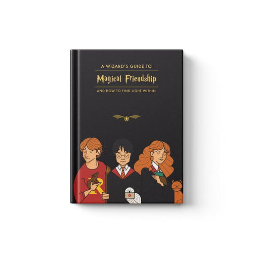 Book titled 'A Wizard's Guide to Magical Friendship' with illustrations of three characters Harry Potter, Ron Weasley and Hermione Granger on a black background.
