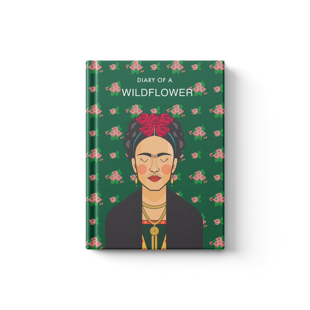 Frida Kahlo inspired notebook cover with floral self-portrait artistic design.