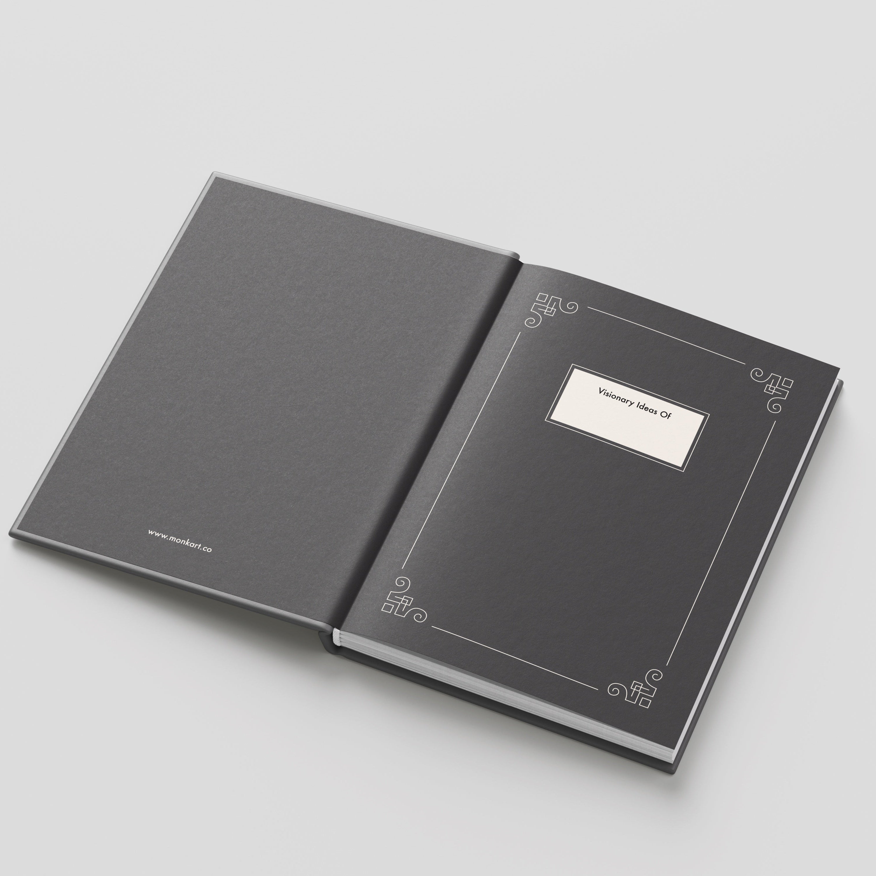 Two gray books with decorative elements on a light gray background