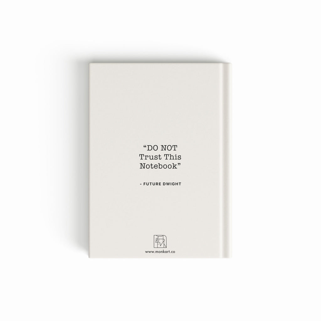 White notebook with black text on a white background