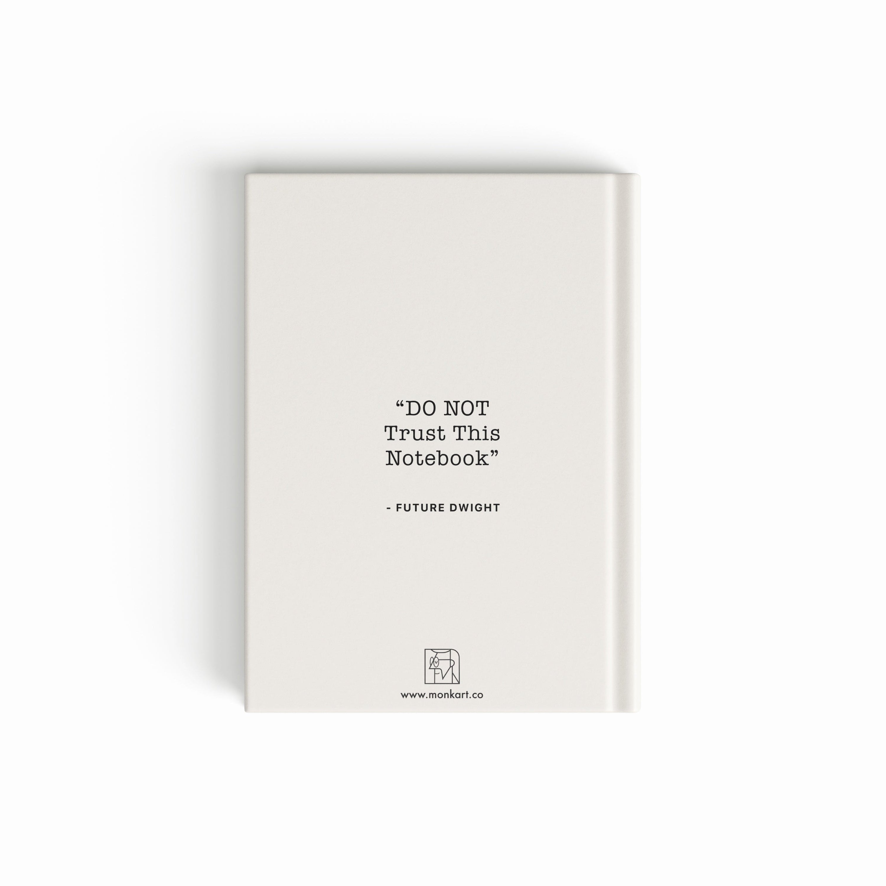 White notebook with black text on a white background