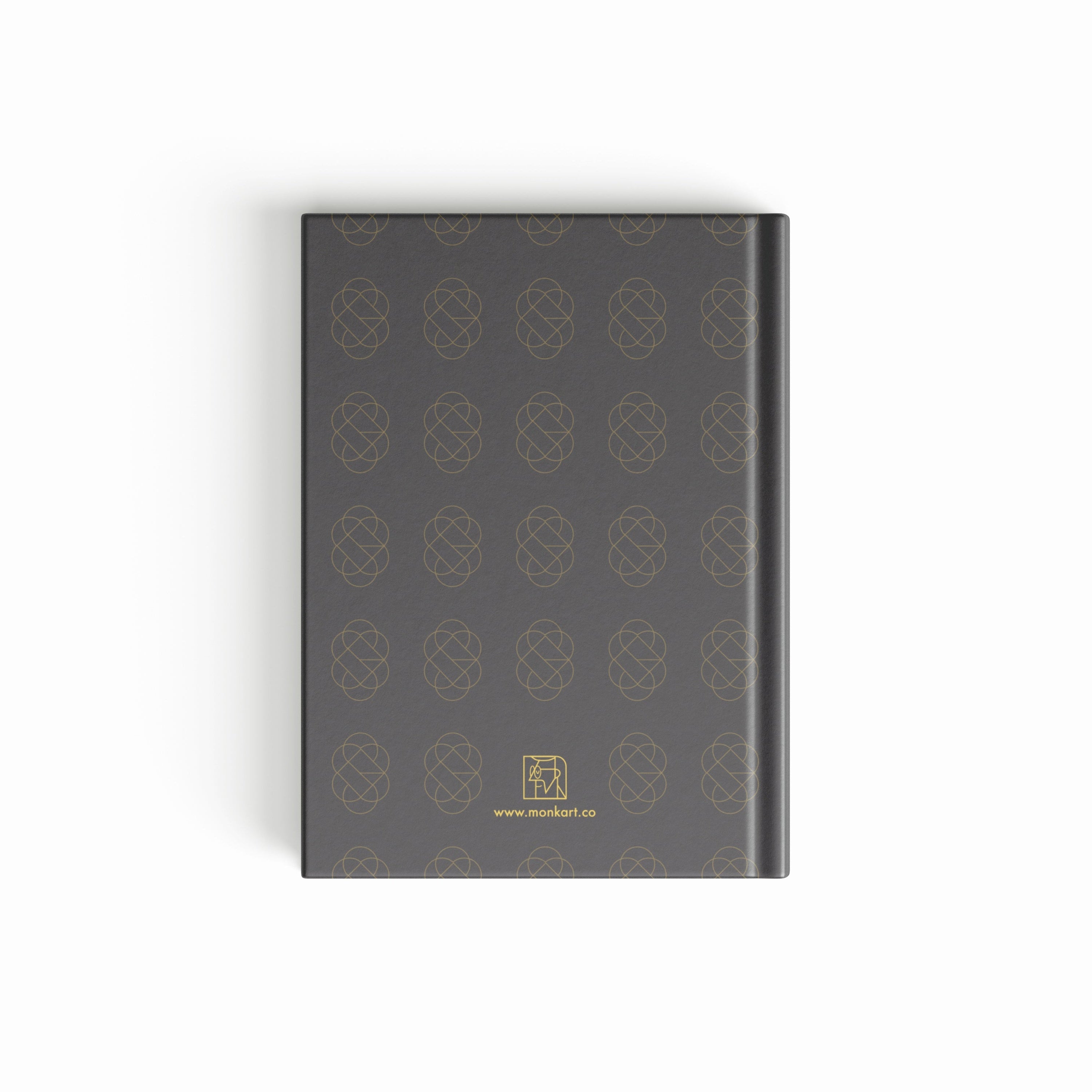 Dark gray notebook with geometric pattern on a white background