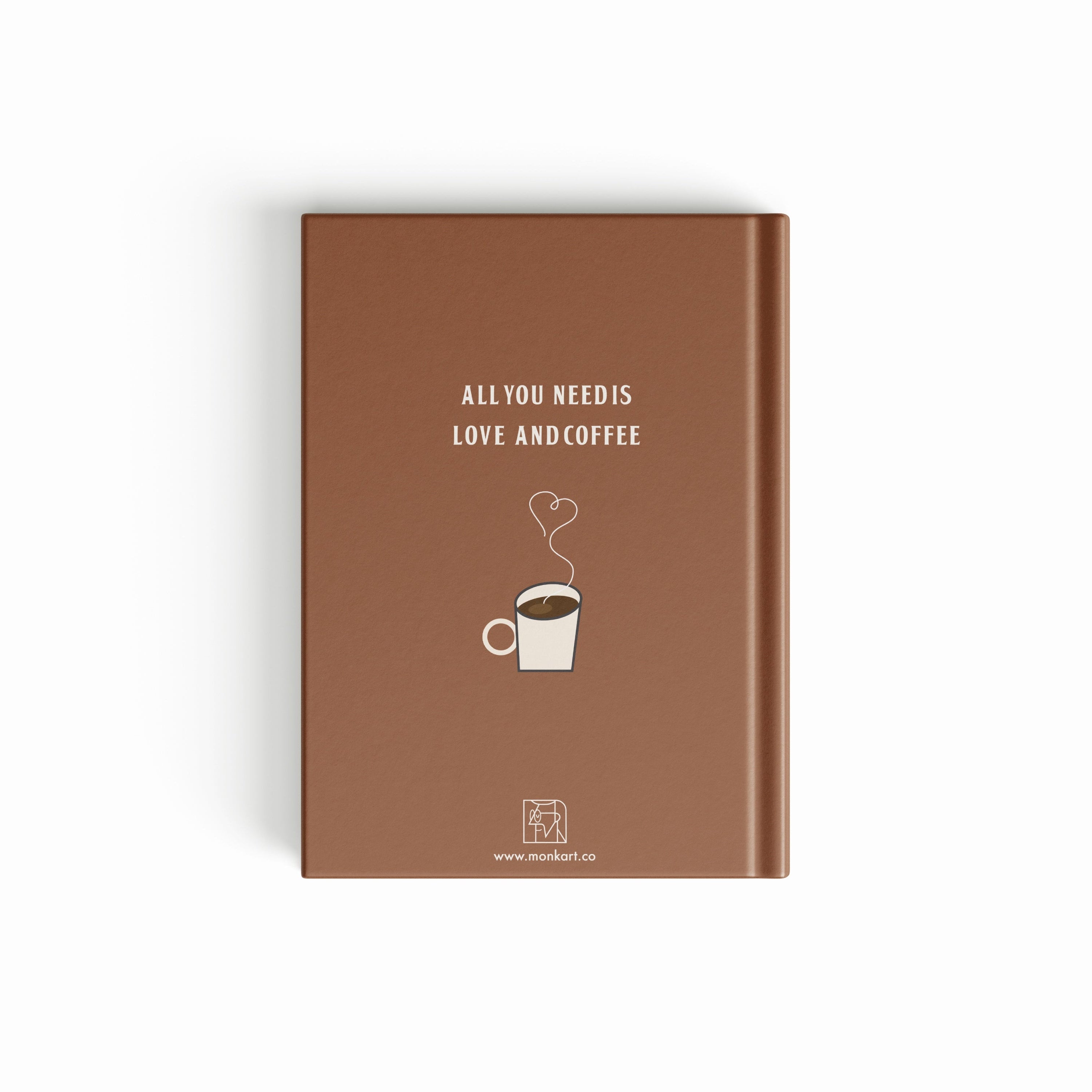 Brown notebook with white coffee cup illustration and text on a white background