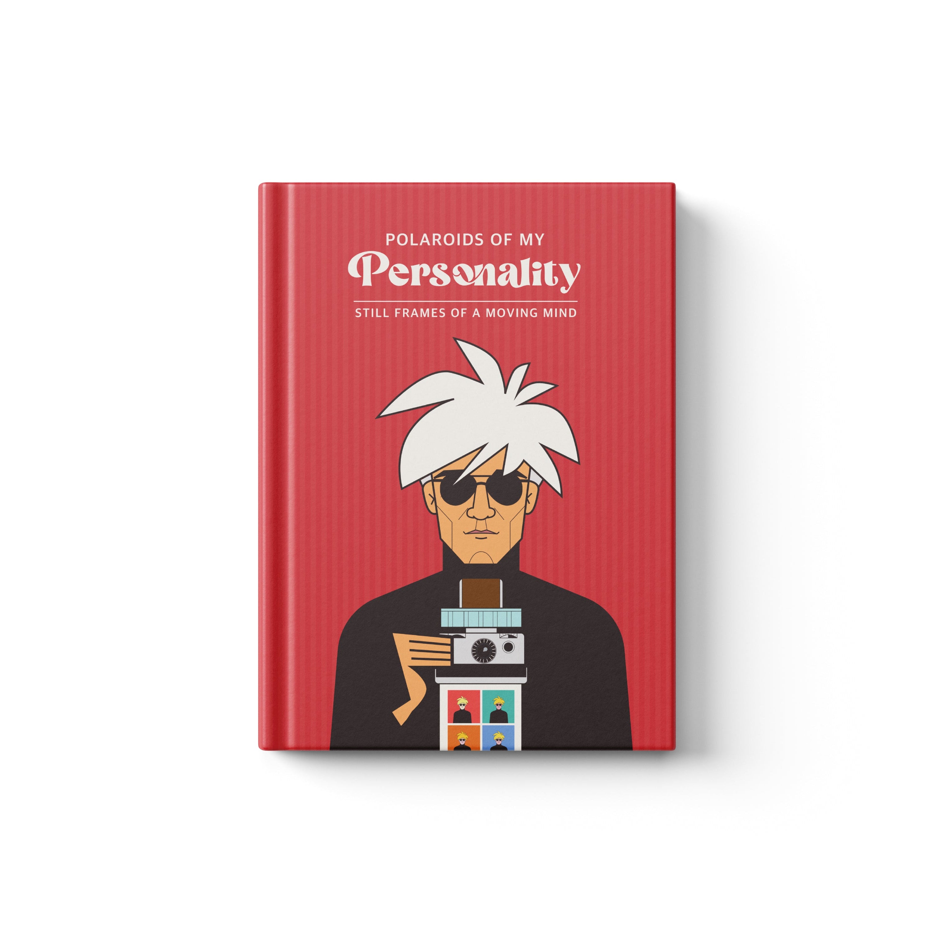 Andy Warhol inspired notebook cover with pop art, Polaroid, and fame culture design