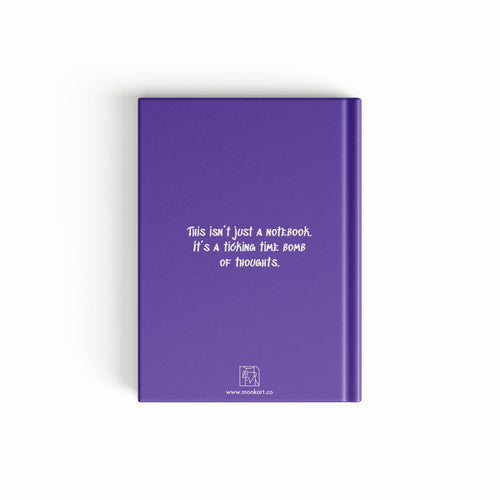 Purple notebook with white text on a white background