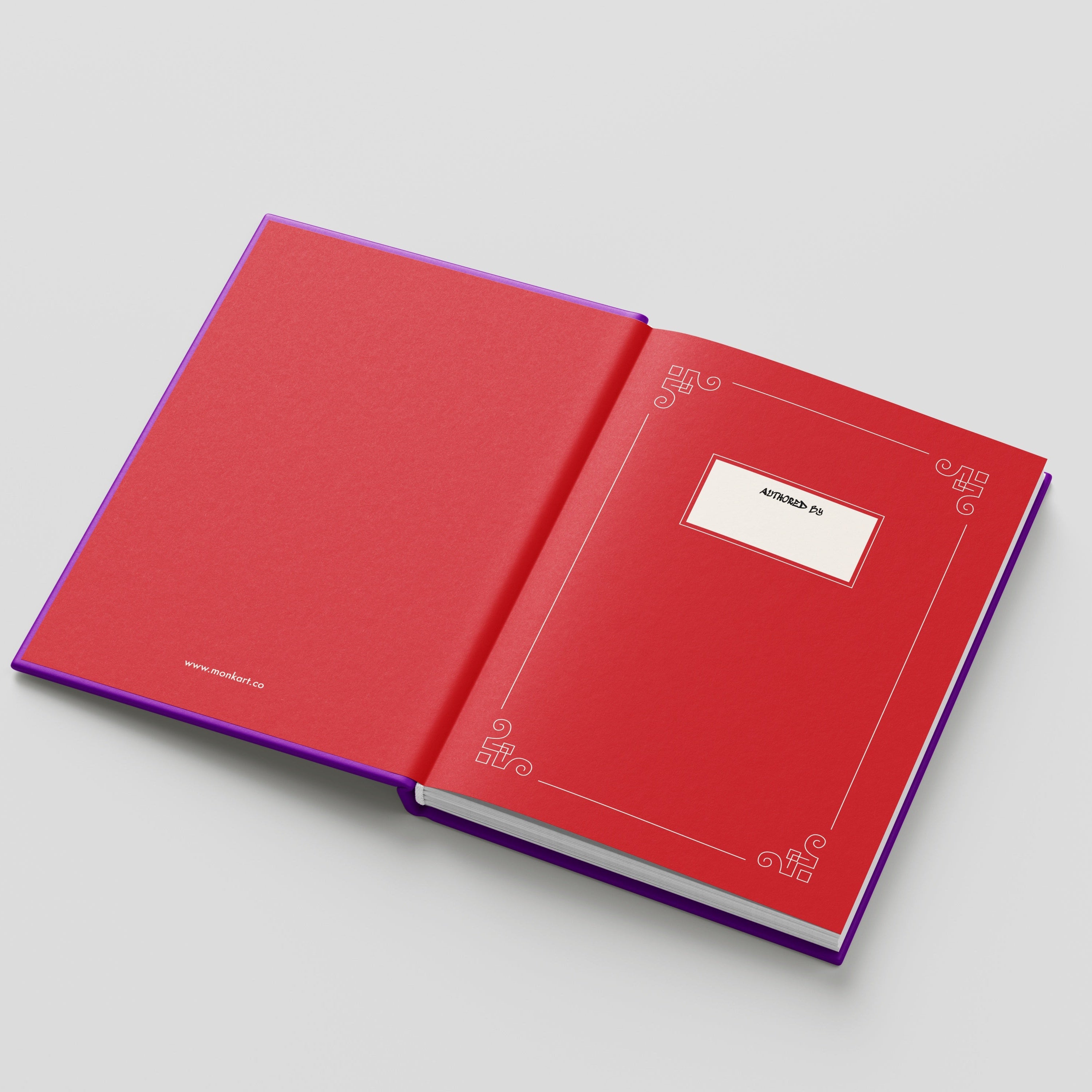 Open red book with decorative elements on a light gray background