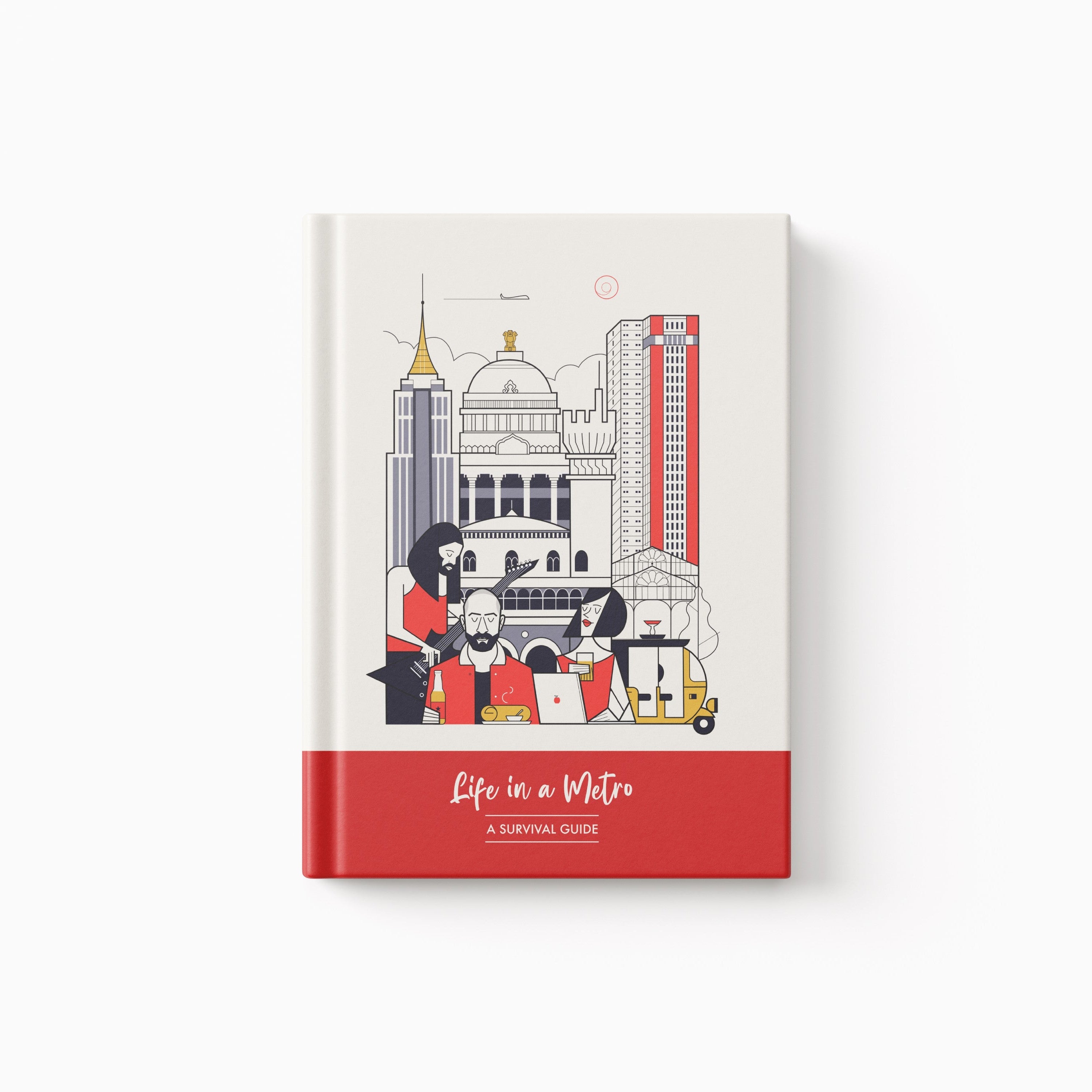 Book titled 'Life in a Metro: A Survival Guide' with illustrations on a white background