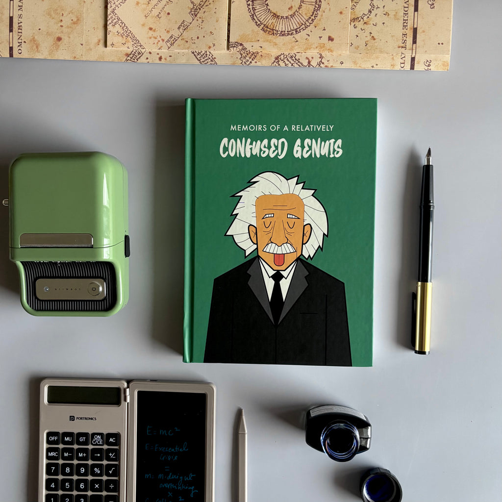 Notebook with Monkart style cartoon Einstein design titled 'Memoirs of a Relatively Confused Genius' on a desk with office supplies. Designed by Monkart.
