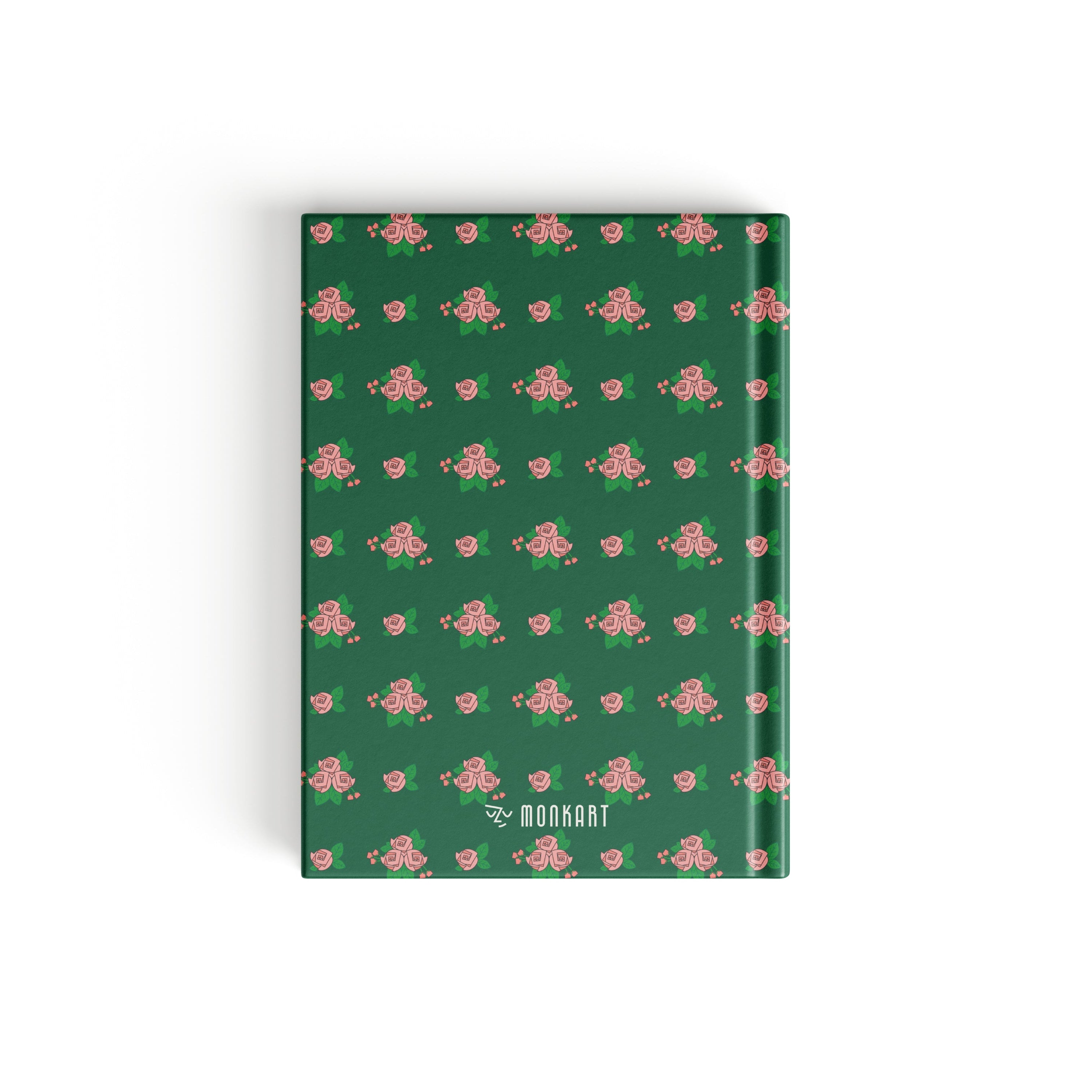 A hardcover notebook with a dark green cover featuring a repeating pattern of pink roses and green leaves.