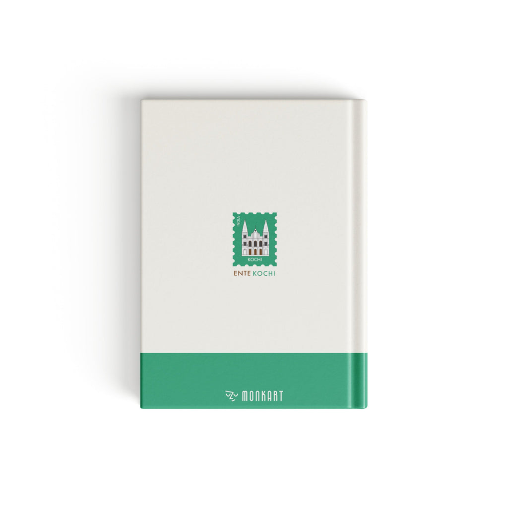 A slim hardcover notebook or journal with a white cover, a teal-green top band, and a small matching green crest-style emblem near the center, shown on a clean white background.