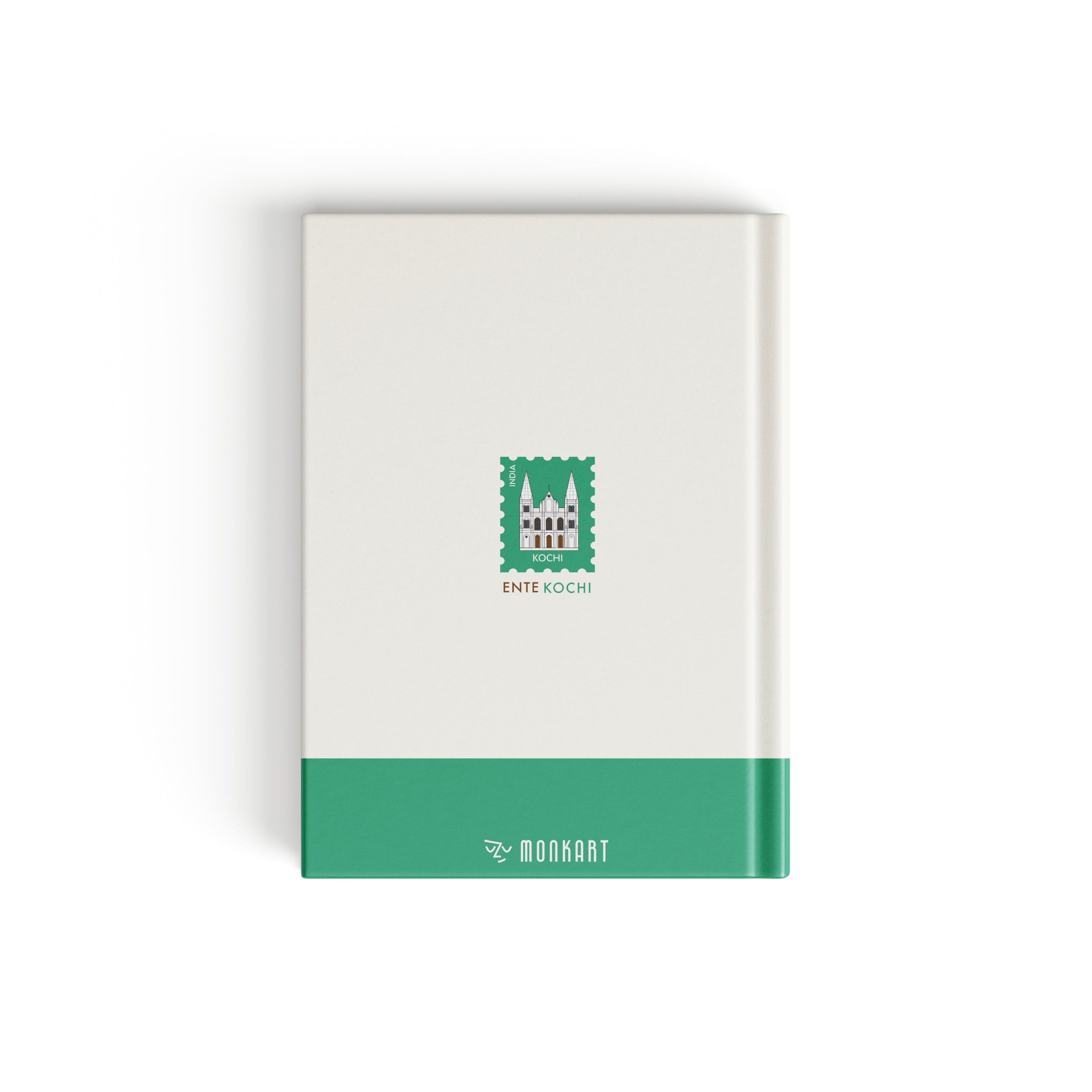 A slim hardcover notebook or journal with a white cover, a teal-green top band, and a small matching green crest-style emblem near the center, shown on a clean white background.