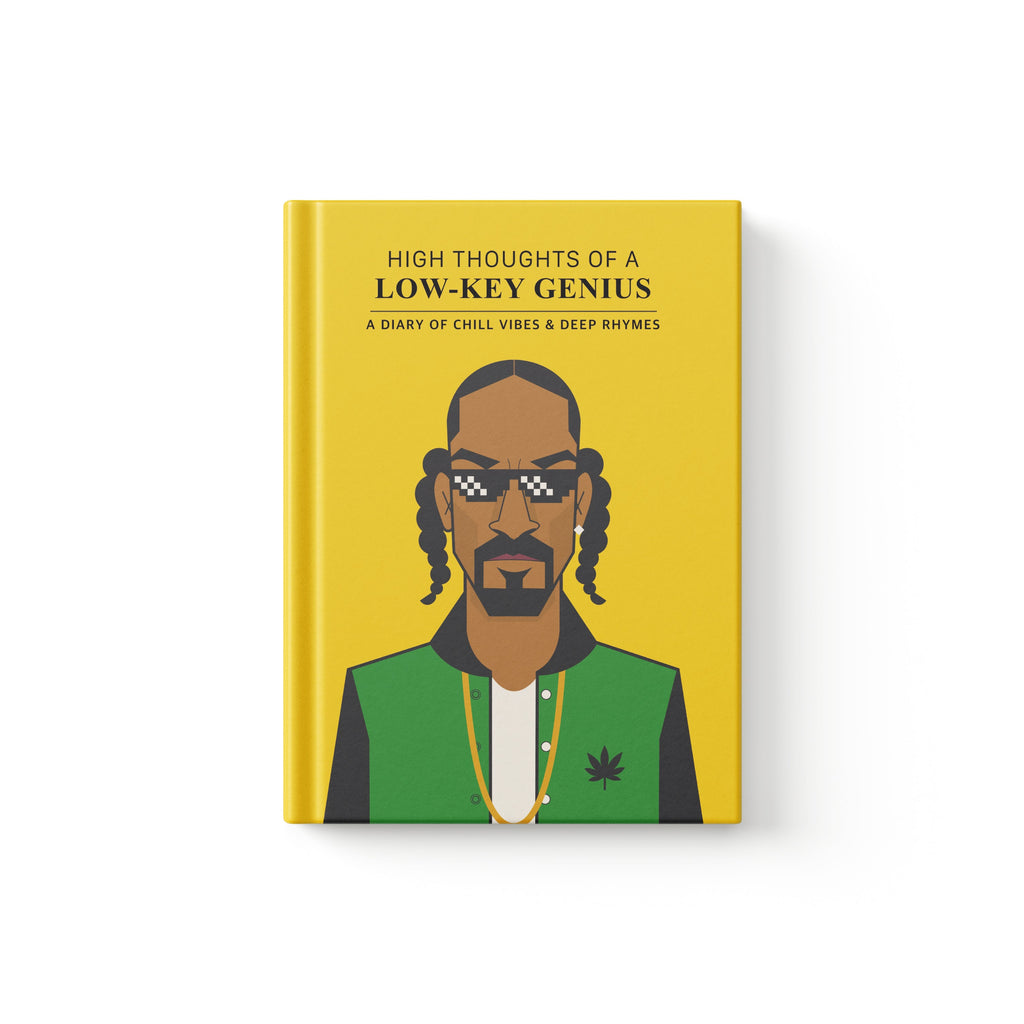 A hardcover journal with a bright yellow cover, featuring a Monkart stylized graphic illustration of Snoop Dogg wearing pixelated sunglasses and a green jacket. The text on the cover reads 'HIGH THOUGHTS OF A LOW-Key GENIUS' and 'A DIARY OF CHILL VILES & DEEP THOUGHTS'.