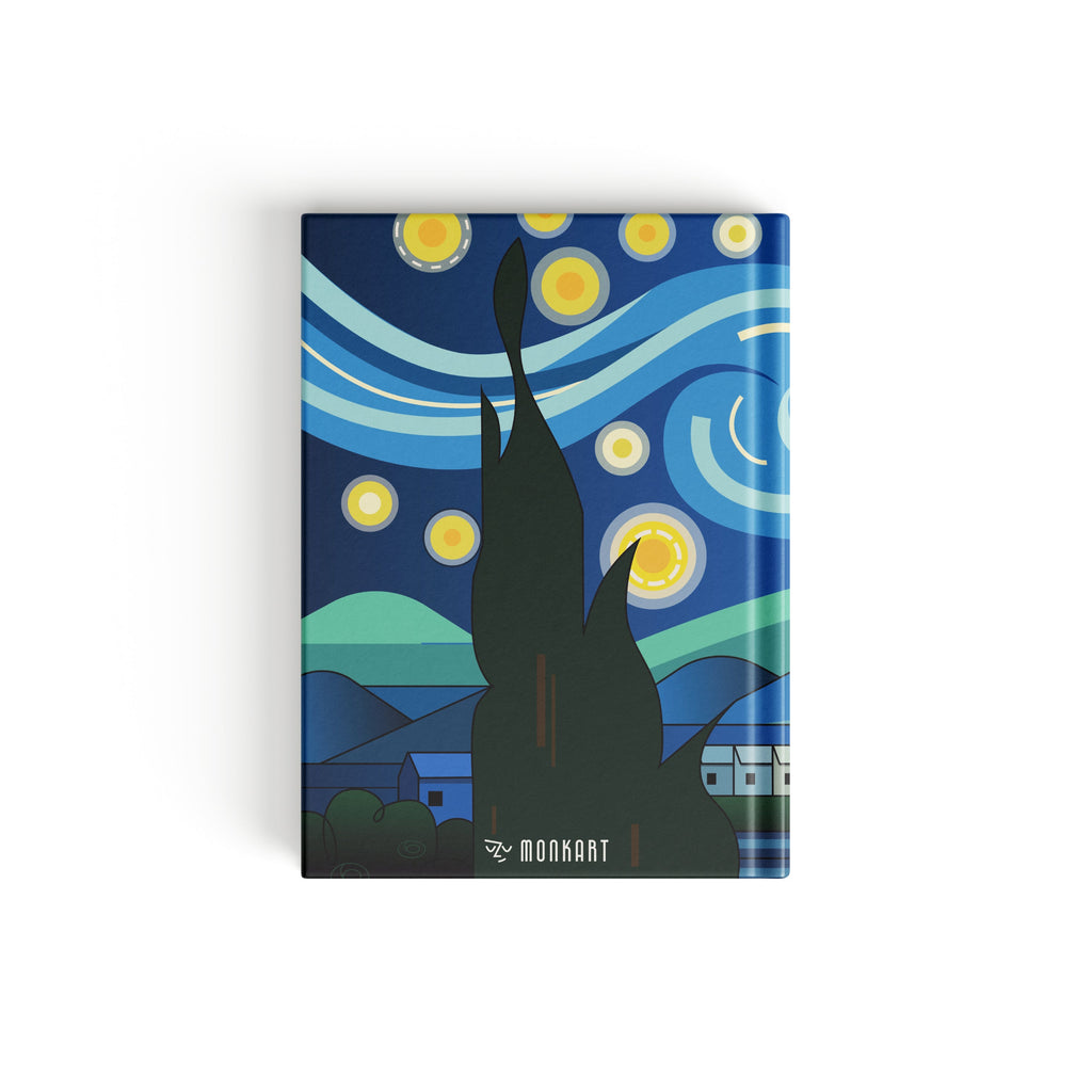 A hardcover notebook featuring a stylized illustration inspired by Van Gogh's Starry Night, with a dark silhouette of a winged creature over swirling blue and yellow circles, shown on a clean white background.
