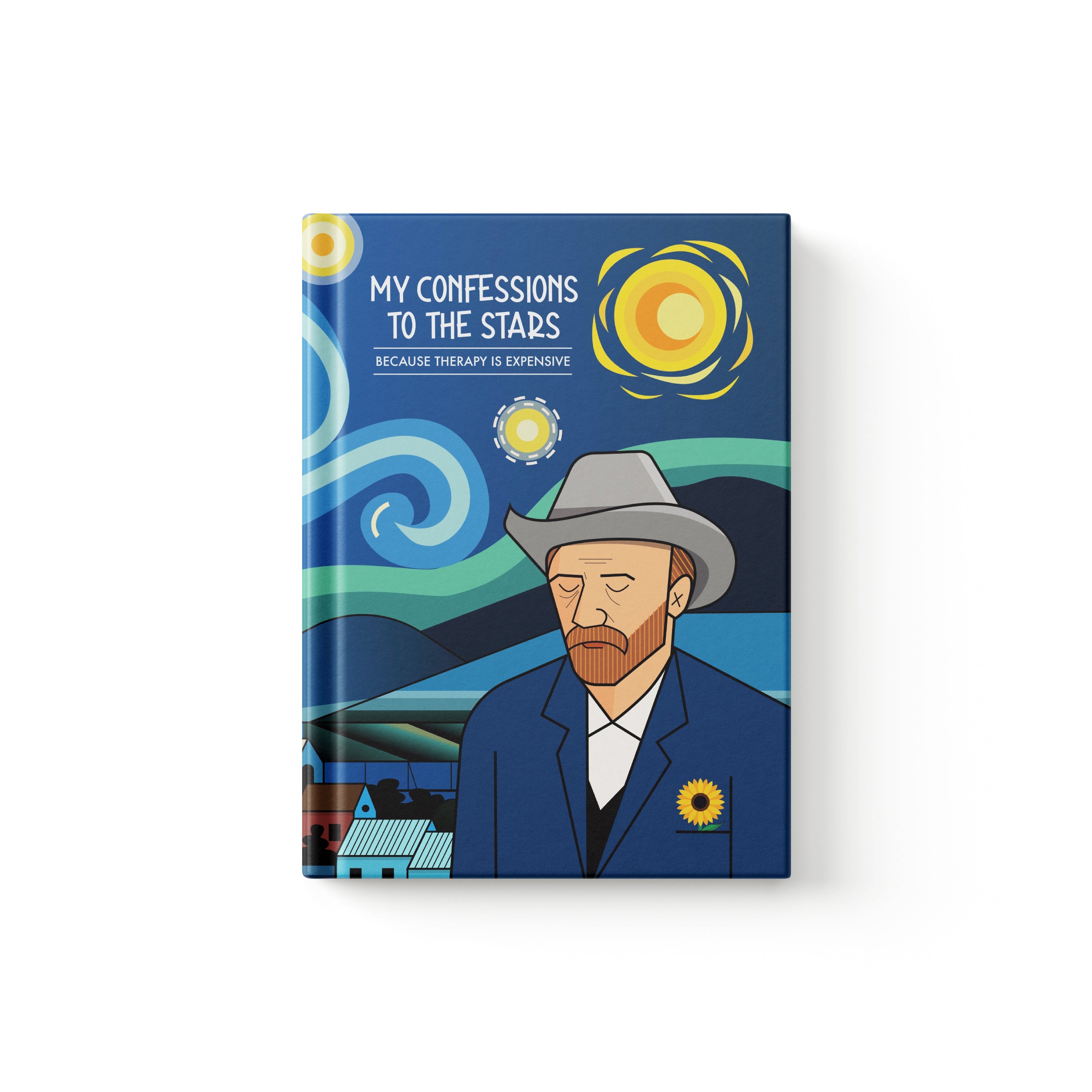 A hardcover journal or book titled 'MY CONFESSIONS TO THE STARS' featuring a stylized illustration inspired by Van Gogh, shown on a clean white background.