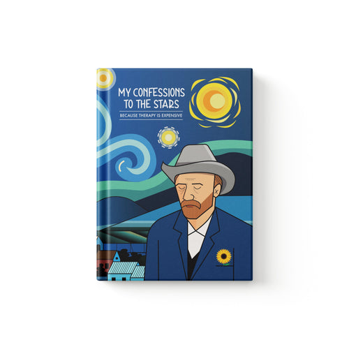 A hardcover journal or book titled 'MY CONFESSIONS TO THE STARS' featuring a stylized illustration inspired by Van Gogh, shown on a clean white background.